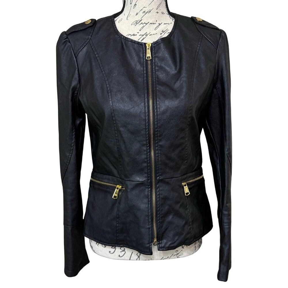 Steve Madden Faux Leather Scuba Style Jacket Size M Black Zipper Sleeves Lined